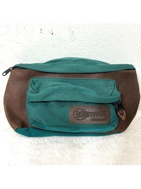 Vintage 90’s Eastpak Green Brown Hiking Fanny Pack Belt Bag Leather Canvas